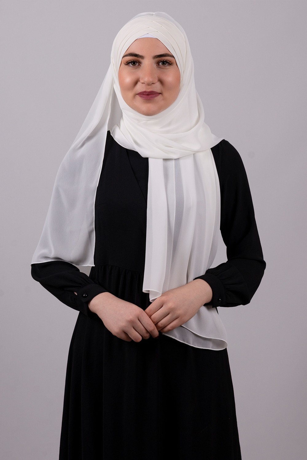 Hürrem Bone Krem Arkadan Bağlamalı Şal Şifon Çapraz Üç Bantlı Pileli 1458_40 görsel 3