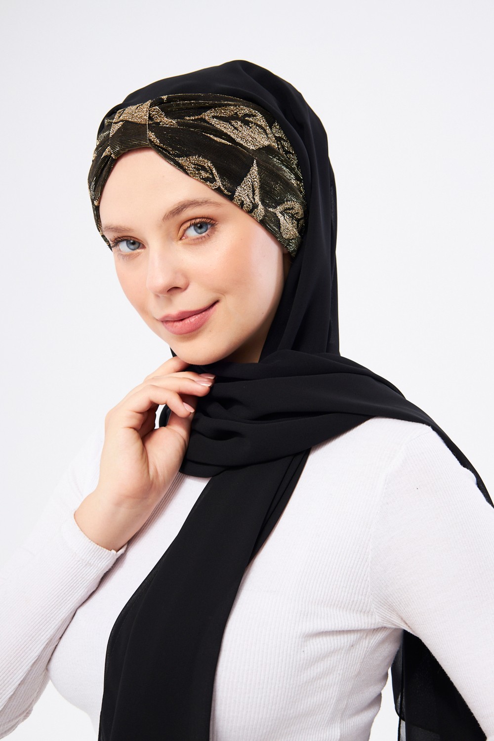 Hürrem Bone Gri Simli Arkadan Bağlamalı Şal Şifon Çiçek Desenli 2318_15