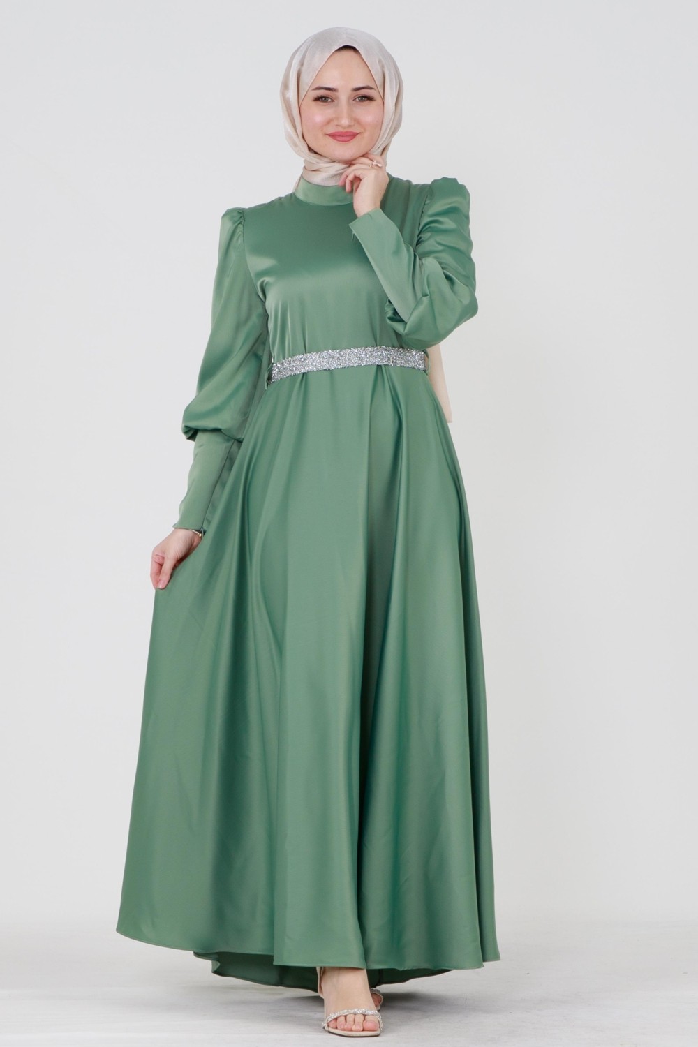 Sevitli Kuşağı Taşlı Saten Abiye-Mint Yeşili