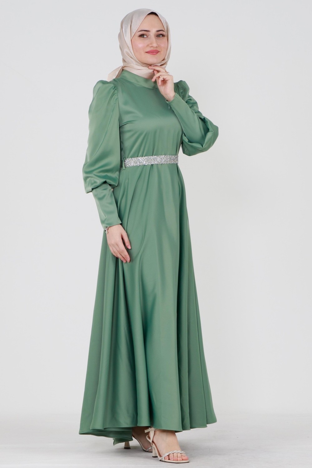 Sevitli Kuşağı Taşlı Saten Abiye-Mint Yeşili görsel 2