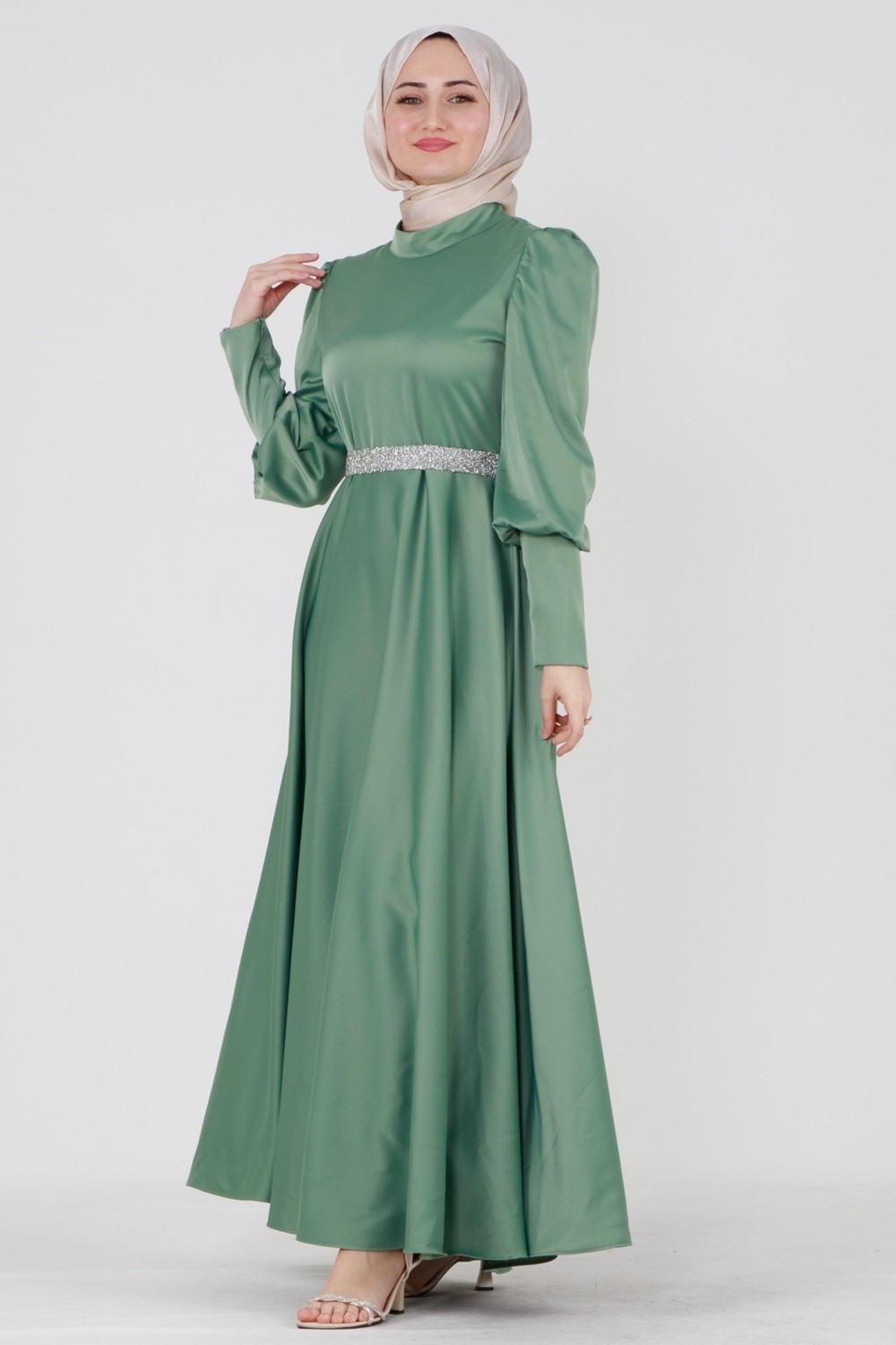 Sevitli Kuşağı Taşlı Saten Abiye-Mint Yeşili görsel 3