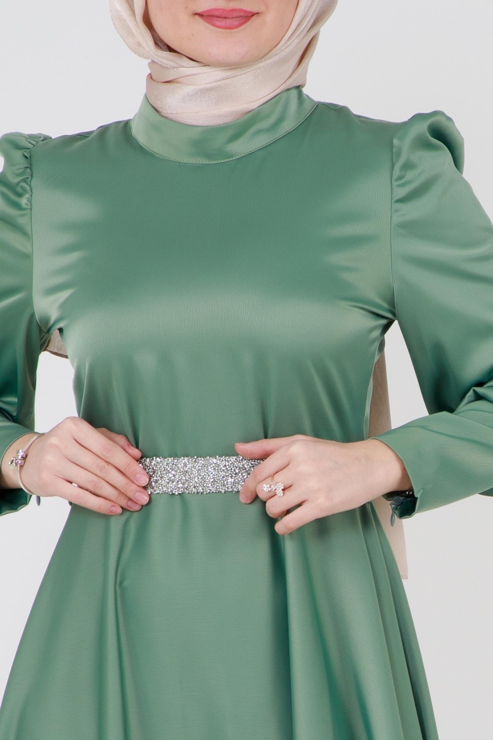 Sevitli Kuşağı Taşlı Saten Abiye-Mint Yeşili görsel 4