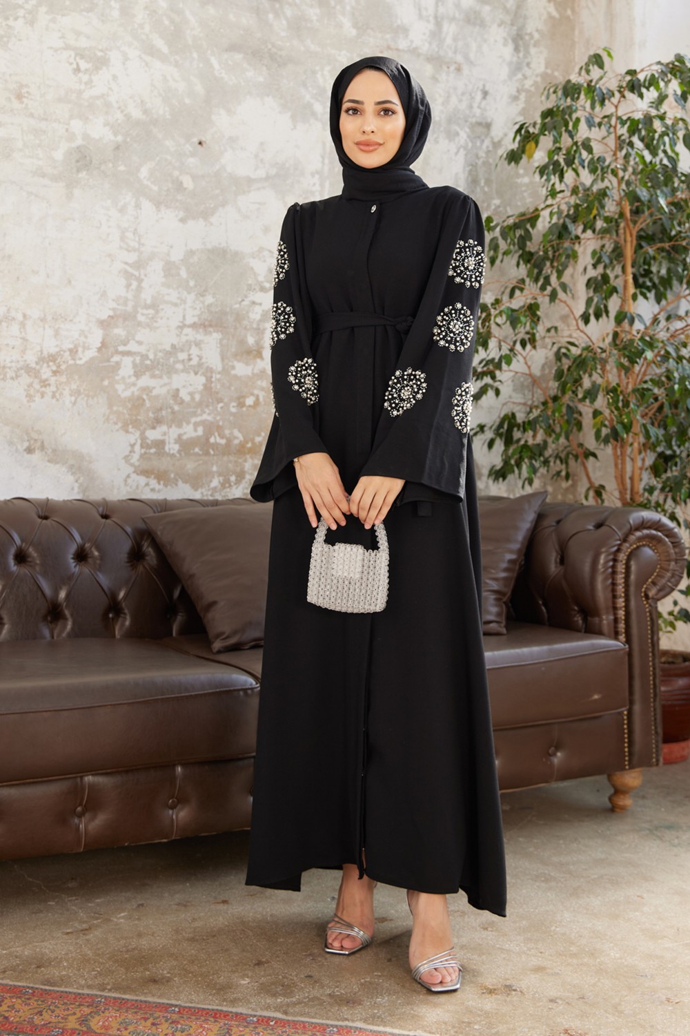 Vavinor Liva Kolları Taşlı Abaya - Zümrüt görsel 2