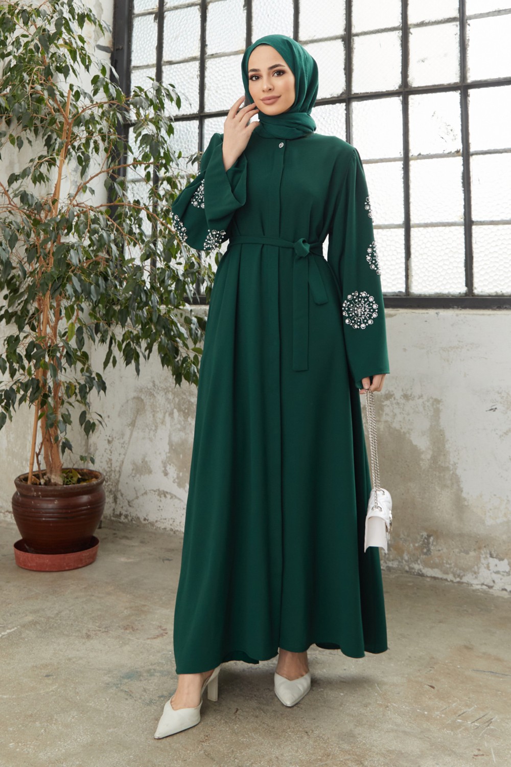 Vavinor Liva Kolları Taşlı Abaya - Zümrüt görsel 5