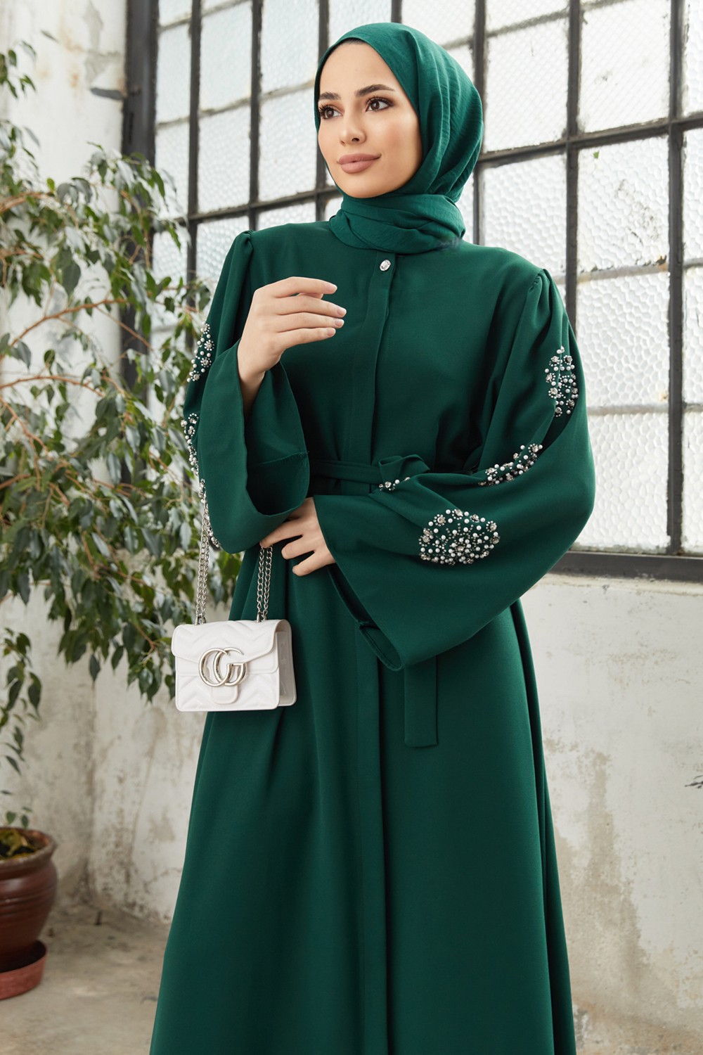 Vavinor Liva Kolları Taşlı Abaya - Zümrüt görsel 7