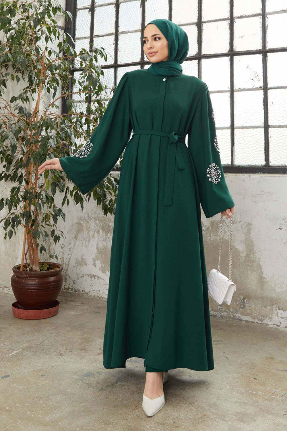 Vavinor Liva Kolları Taşlı Abaya - Zümrüt görsel 8