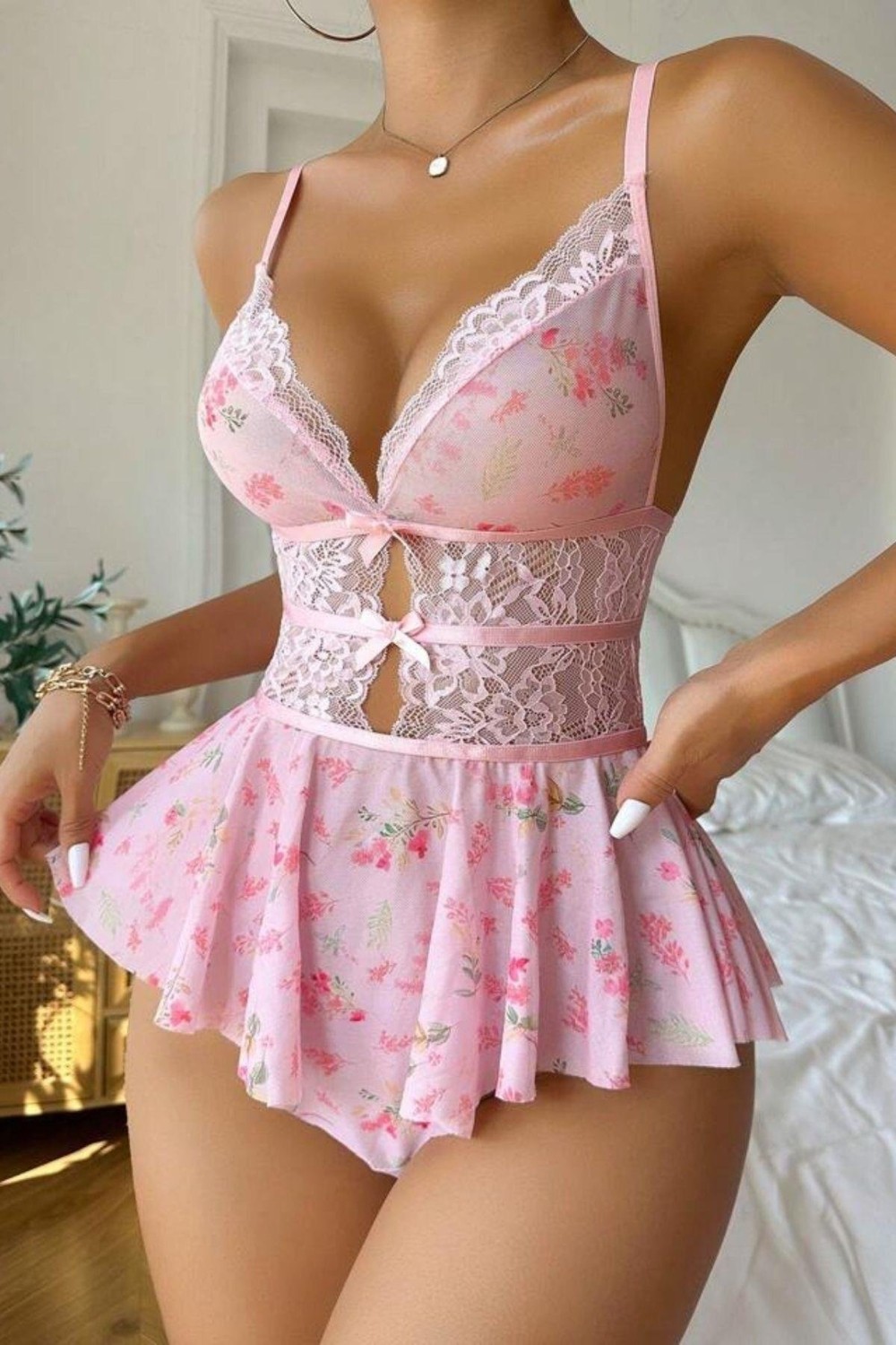 Bella Notte Pembe Askılı Sırt Detaylı Baskılı Fantezi Gecelik görsel 4