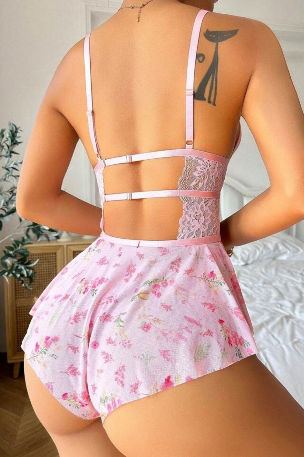 Bella Notte Pembe Askılı Sırt Detaylı Baskılı Fantezi Gecelik görsel 5