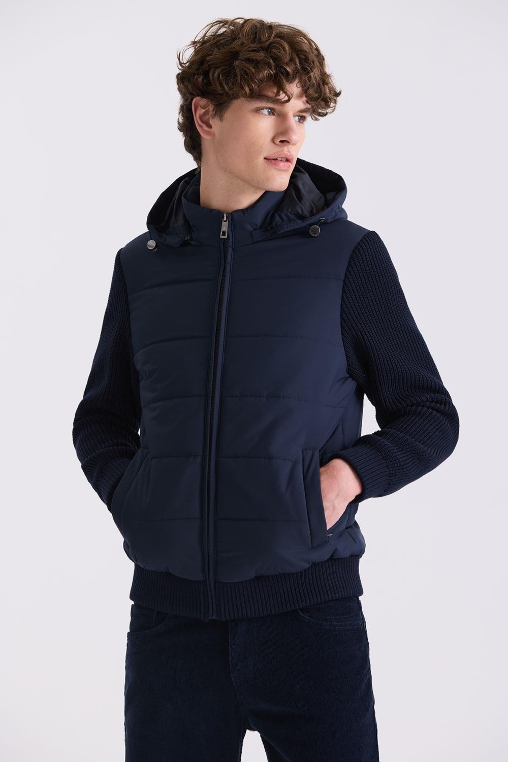 Jakamen Lacivert Comfort Fit Kapüşonlu Kolları Triko Kışlık Mont görsel 5