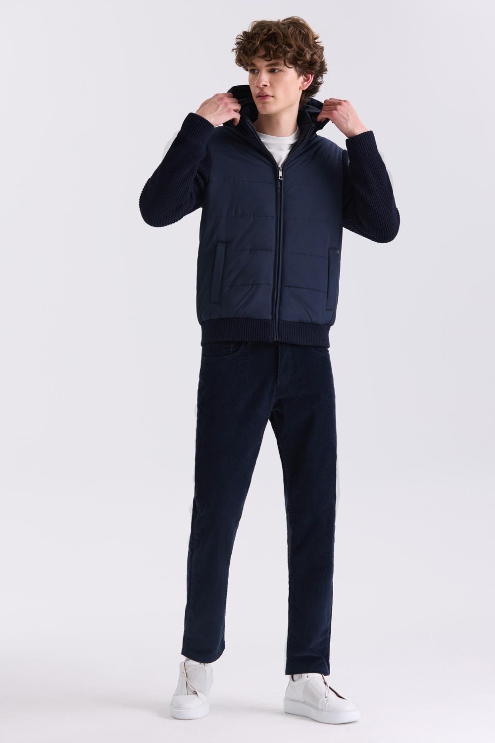 Jakamen Lacivert Comfort Fit Kapüşonlu Kolları Triko Kışlık Mont görsel 6