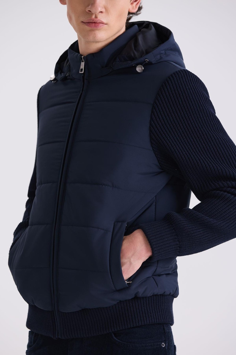 Jakamen Lacivert Comfort Fit Kapüşonlu Kolları Triko Kışlık Mont görsel 7
