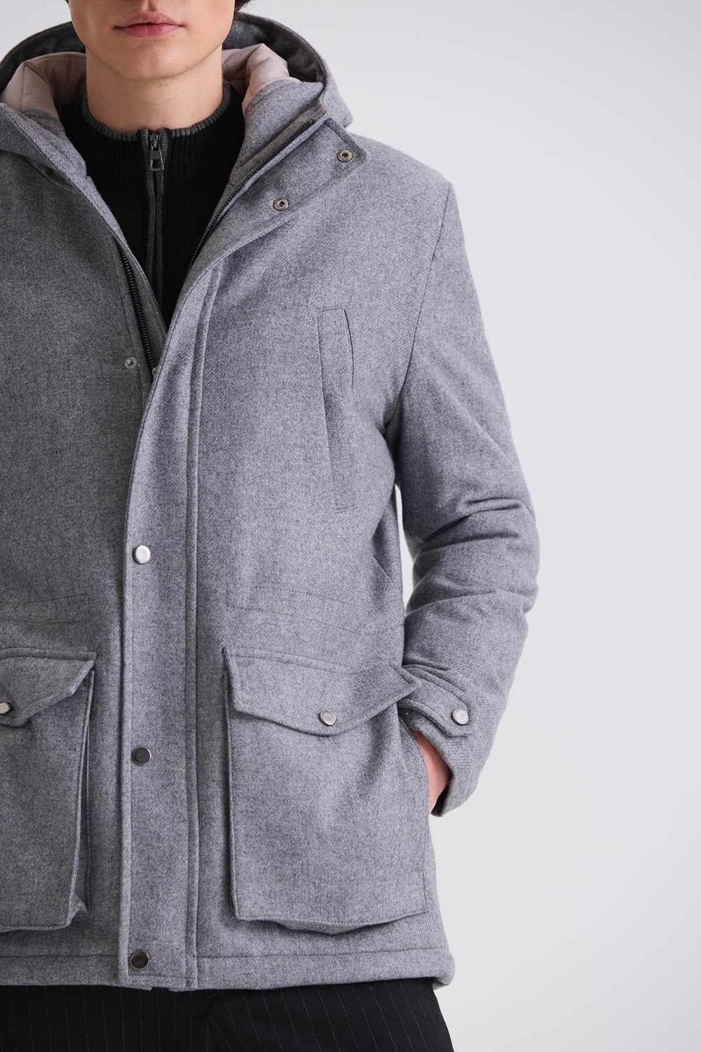 Jakamen Grı Comfort Fit Kapüşonlu Yünlü Mont görsel 3