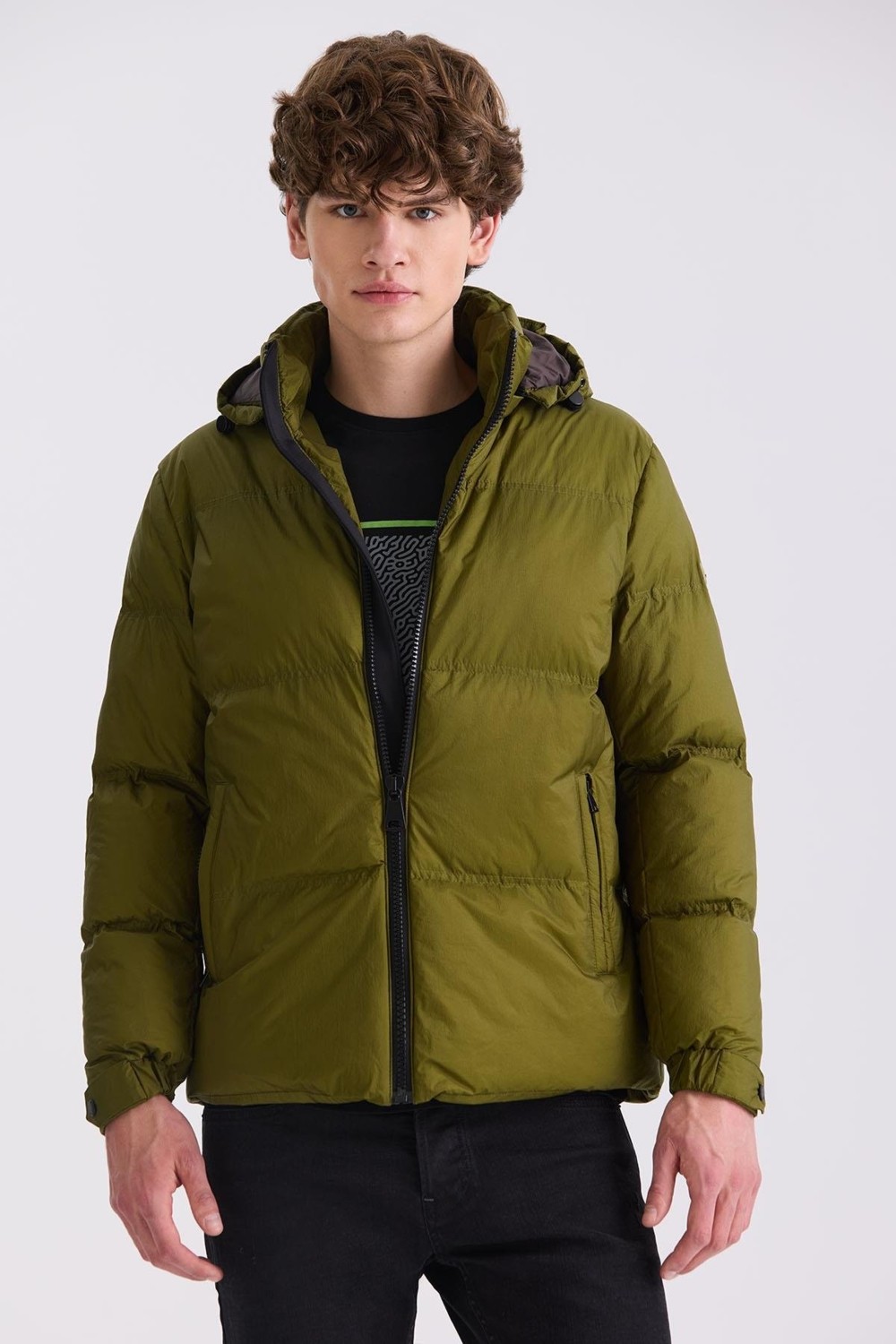 Jakamen Haki Comfort Fit Kapüşonlu Kışlık Mont