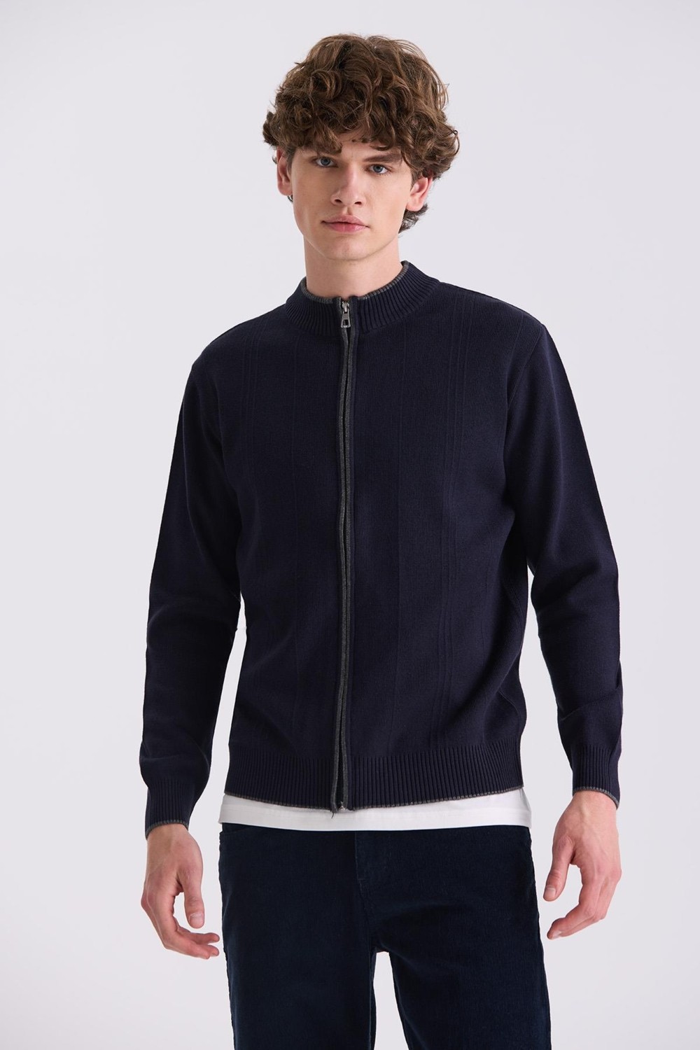 Jakamen Siyah Classic Fit Düz Fermuarlı Dik Yaka Triko Hırka