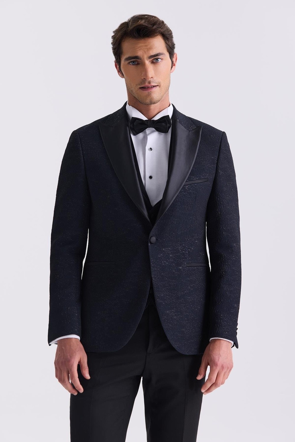 Jakamen Koyu Lacivert Slim Fit Sivri Yaka Yelekli Smokin Takım Elbise