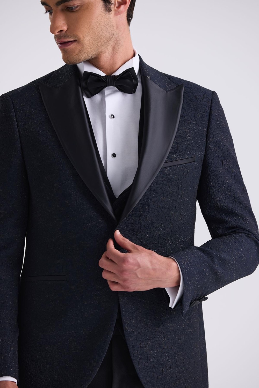 Jakamen Koyu Lacivert Slim Fit Sivri Yaka Yelekli Smokin Takım Elbise görsel 3