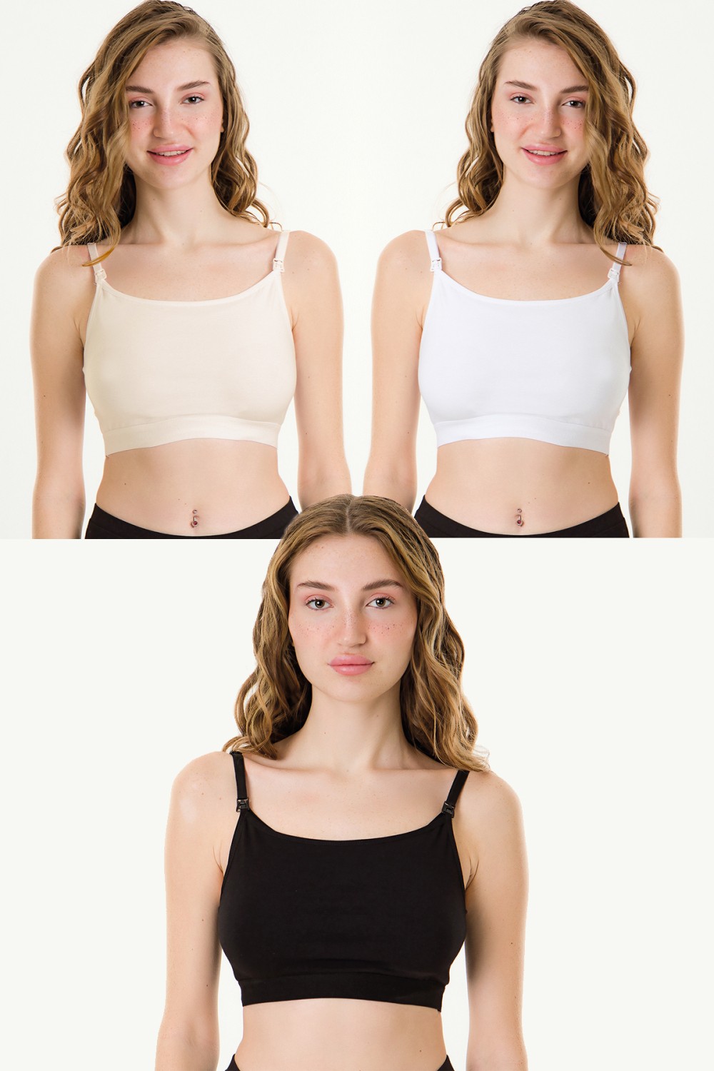 Parlingerie Emzirme Yarım Atlet 3lü Seti Siyah-Beyaz-Ten