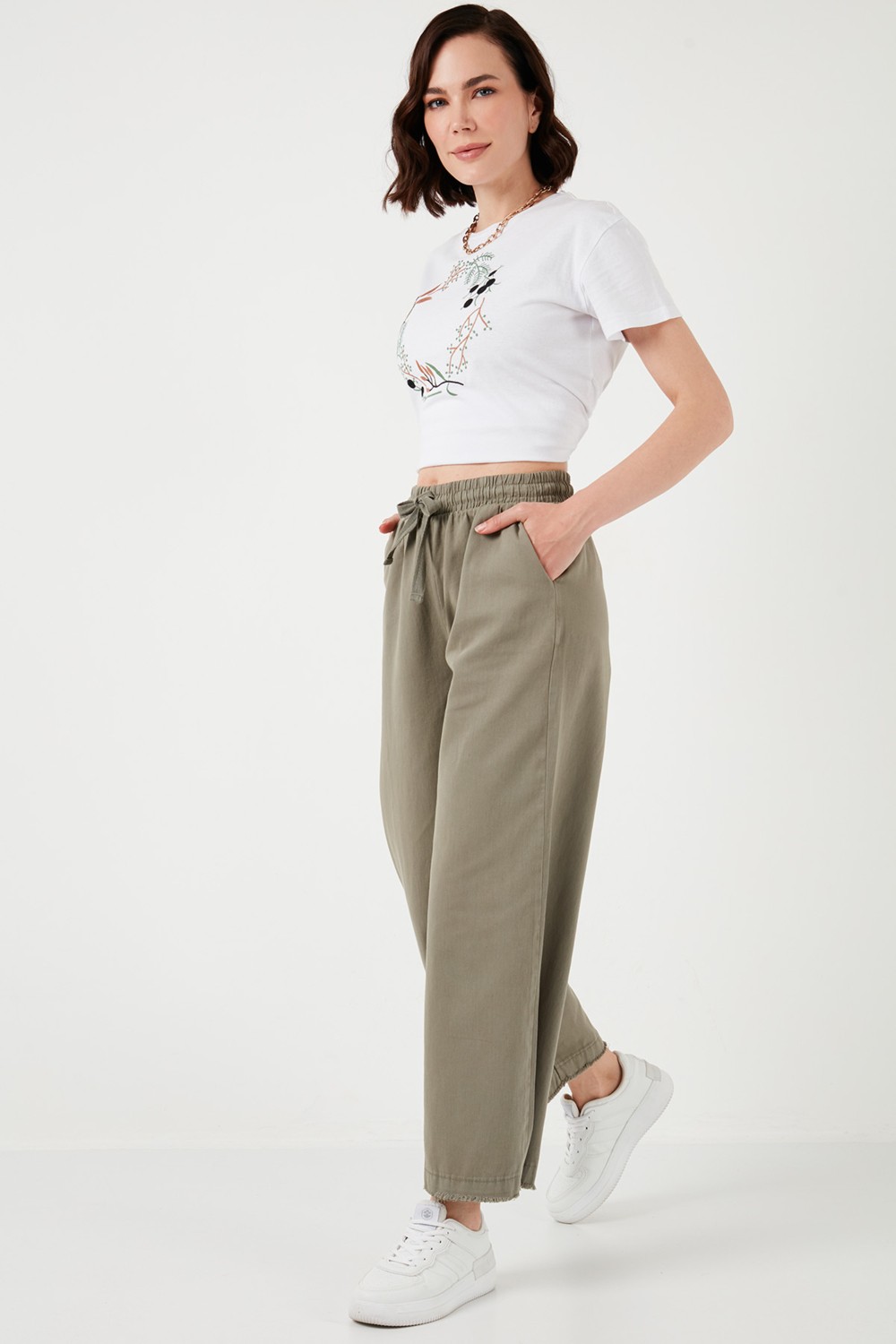 Lela Pamuklu Belden Bağlamalı Yüksek Bel Geniş Paça Cepli Regular Fit Pantolon Bayan Pantolon 668YP4760