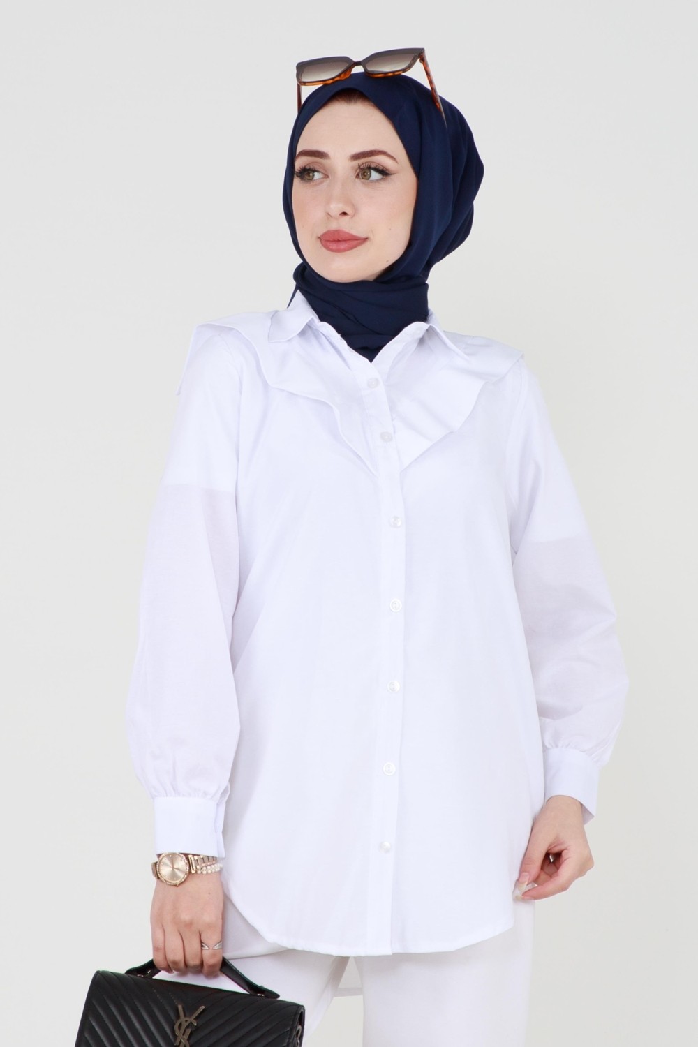Sevitli Yakası Kat Detaylı poplin Tunik-Siyah