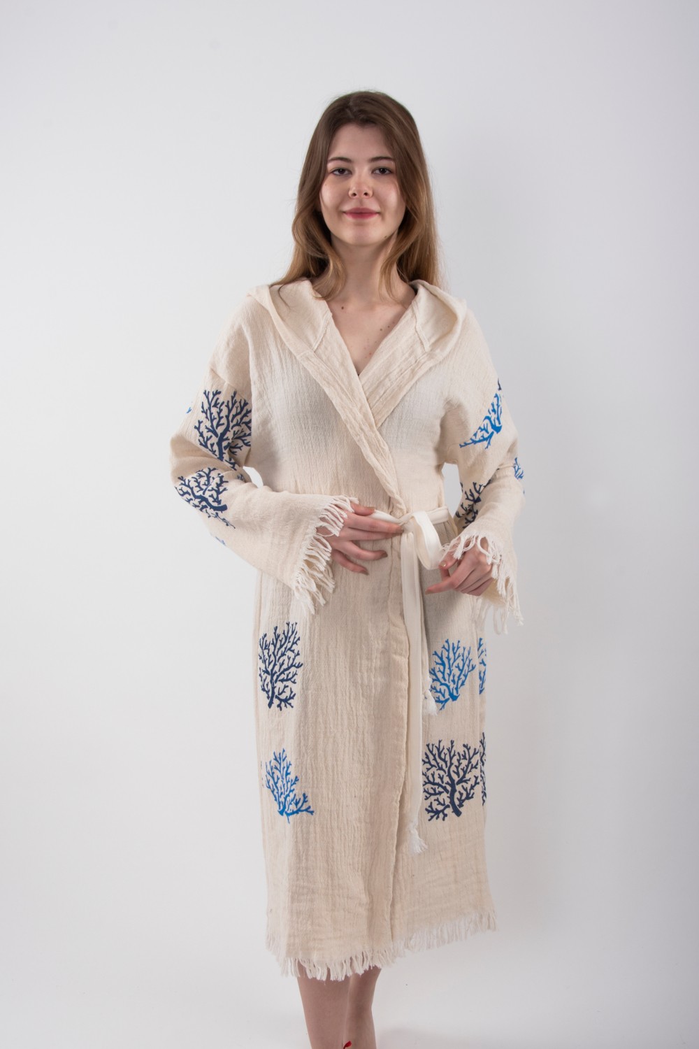 Reina Teks Peştemal Bornoz Pareo Pamuklu Plaj Mercan Hayat Ağacı Desenli 1 Adet Unisex Beachwear Kimono Kaftan