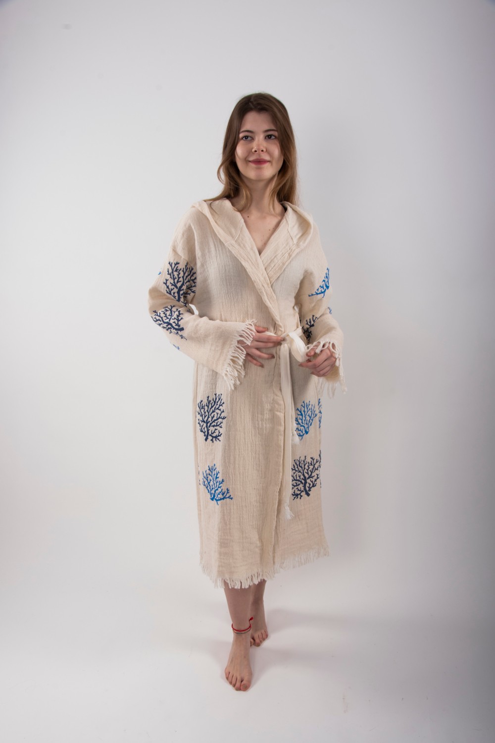 Reina Teks Peştemal Bornoz Pareo Pamuklu Plaj Mercan Hayat Ağacı Desenli 1 Adet Unisex Beachwear Kimono Kaftan görsel 2
