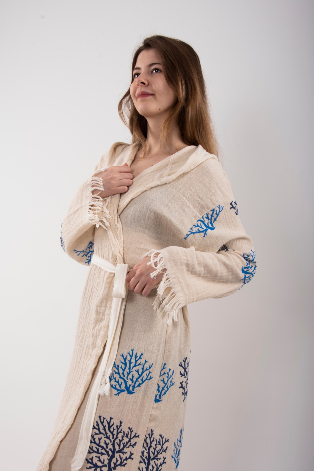 Reina Teks Peştemal Bornoz Pareo Pamuklu Plaj Mercan Hayat Ağacı Desenli 1 Adet Unisex Beachwear Kimono Kaftan görsel 3