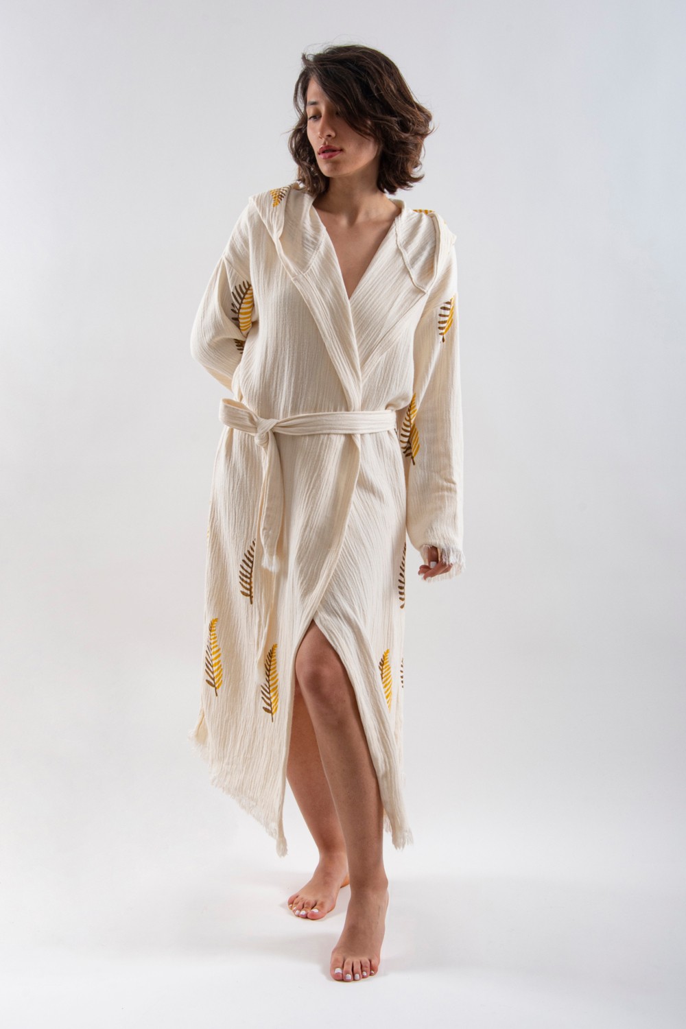 Reina Teks Peştemal Bornoz Pareo Pamuklu Plaj Sarı Çam Yaprak Desen 1 Adet Unisex Beachwear Kimono Kaftan