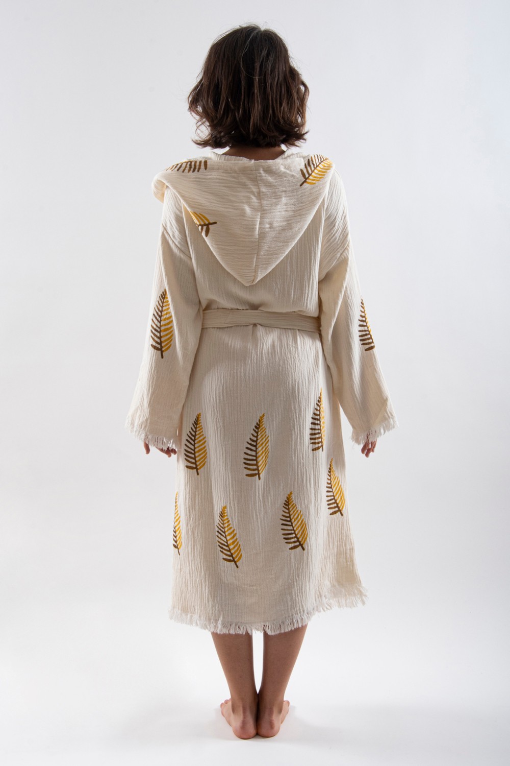 Reina Teks Peştemal Bornoz Pareo Pamuklu Plaj Sarı Çam Yaprak Desen 1 Adet Unisex Beachwear Kimono Kaftan görsel 2