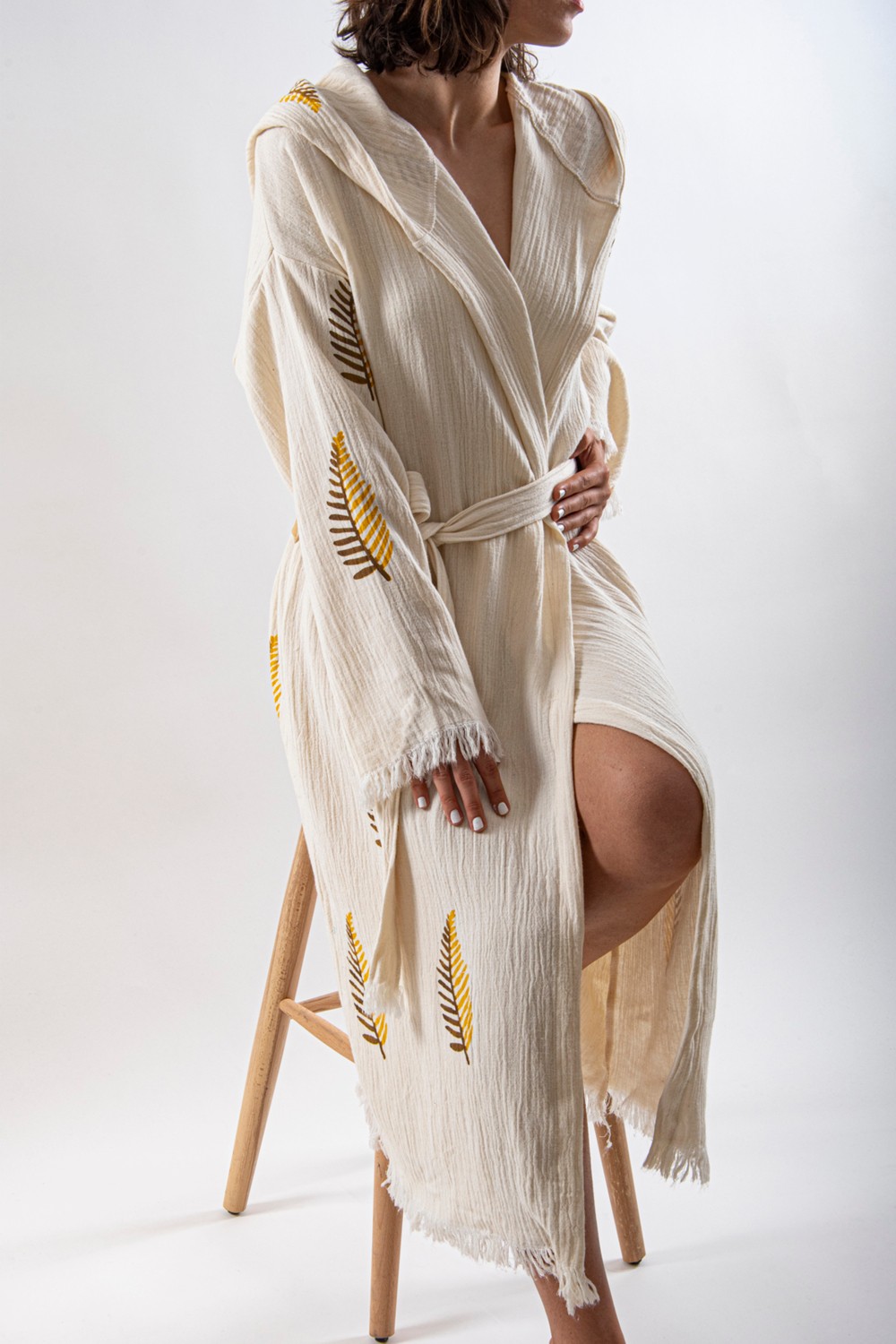 Reina Teks Peştemal Bornoz Pareo Pamuklu Plaj Sarı Çam Yaprak Desen 1 Adet Unisex Beachwear Kimono Kaftan görsel 3