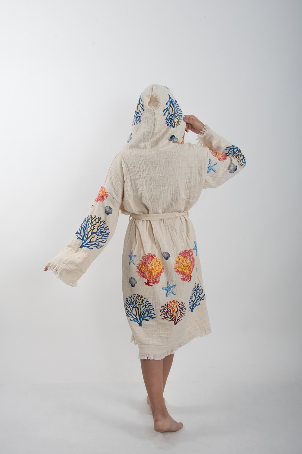 Reina Teks Peştemal Bornoz Pamuklu Plaj Karışık Mercan Deniz Yıldızı Desen 1ADET Unisex Beachwear Kimono Kaftan görsel 2