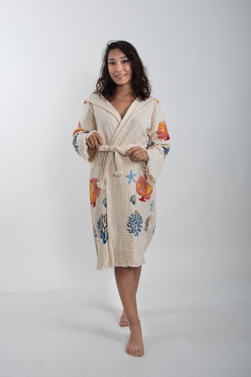 Reina Teks Peştemal Bornoz Pamuklu Plaj Karışık Mercan Deniz Yıldızı Desen 1ADET Unisex Beachwear Kimono Kaftan görsel 3