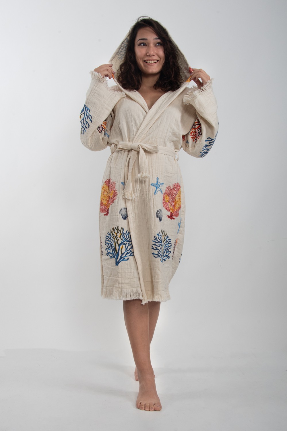 Reina Teks Peştemal Bornoz Pamuklu Plaj Karışık Mercan Deniz Yıldızı Desen 1ADET Unisex Beachwear Kimono Kaftan görsel 4