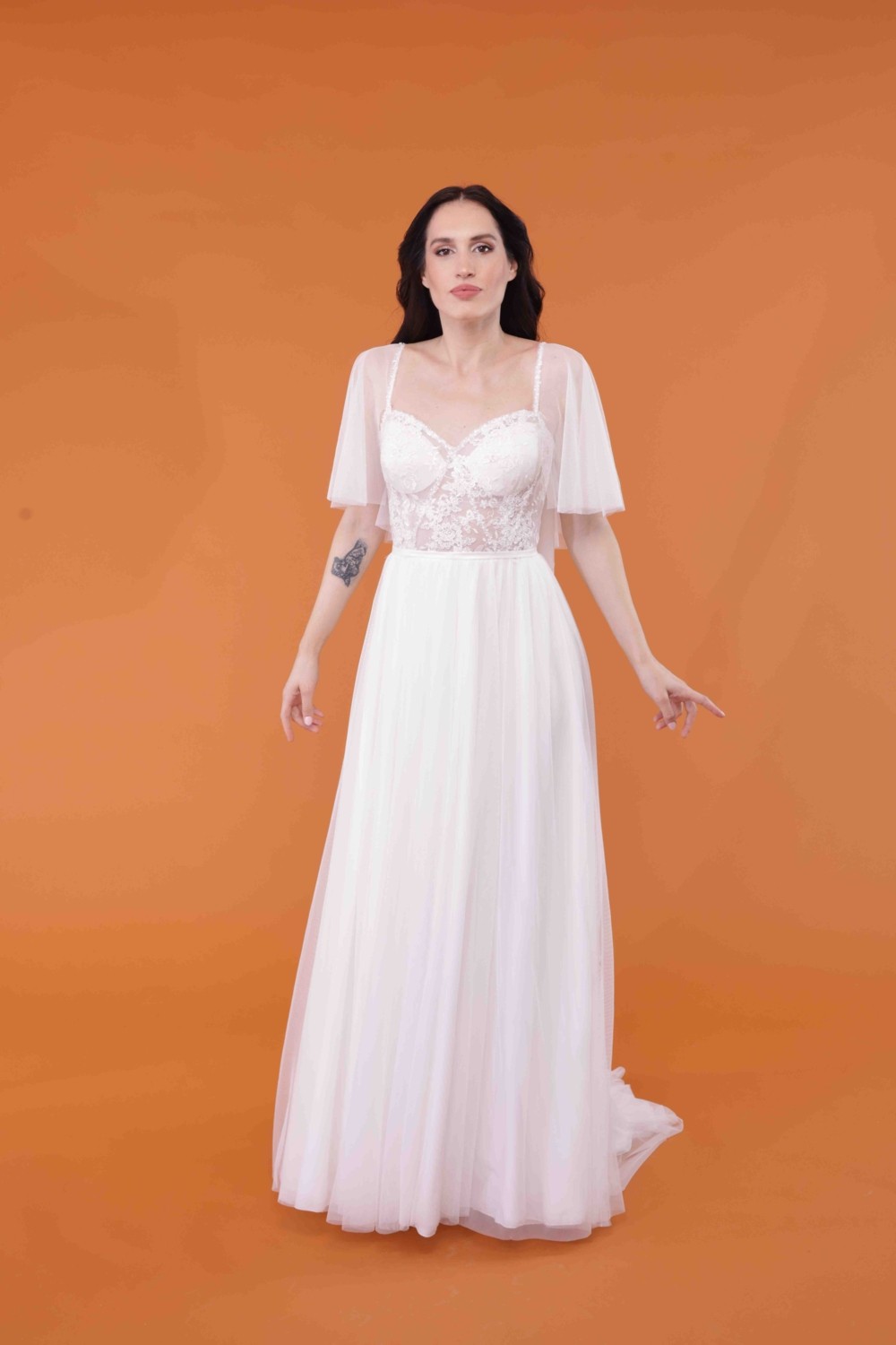 Bride In Love A Kesim Kloş Kollu Ipek Tül Gelinlik, Nikah Elbisesi görsel 2