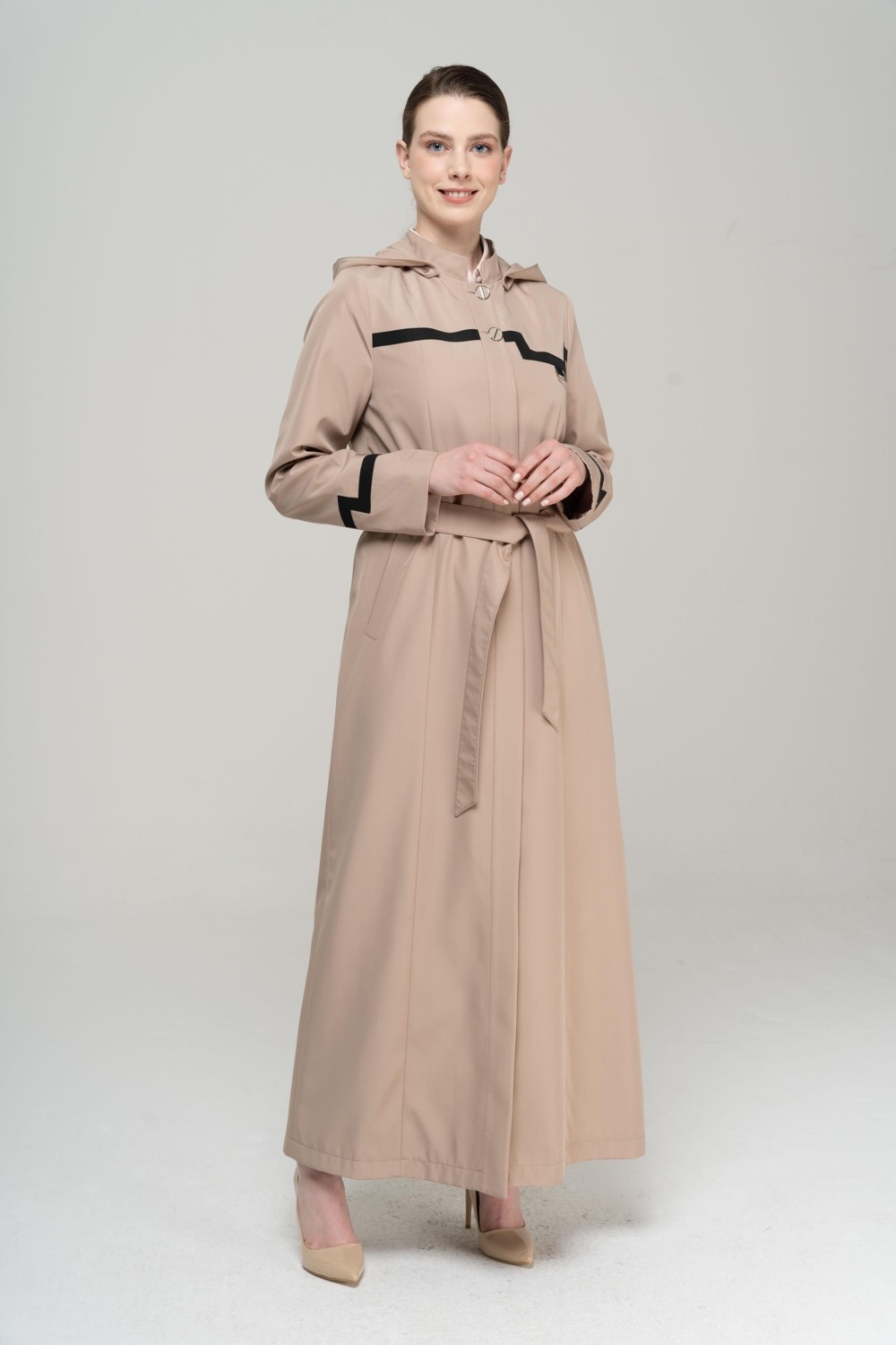 Olcay Hakim Yaka Çıkabilir Kapüşonlu Garni Detaylı Astarlı Uzun Trençkot VİZON 4295