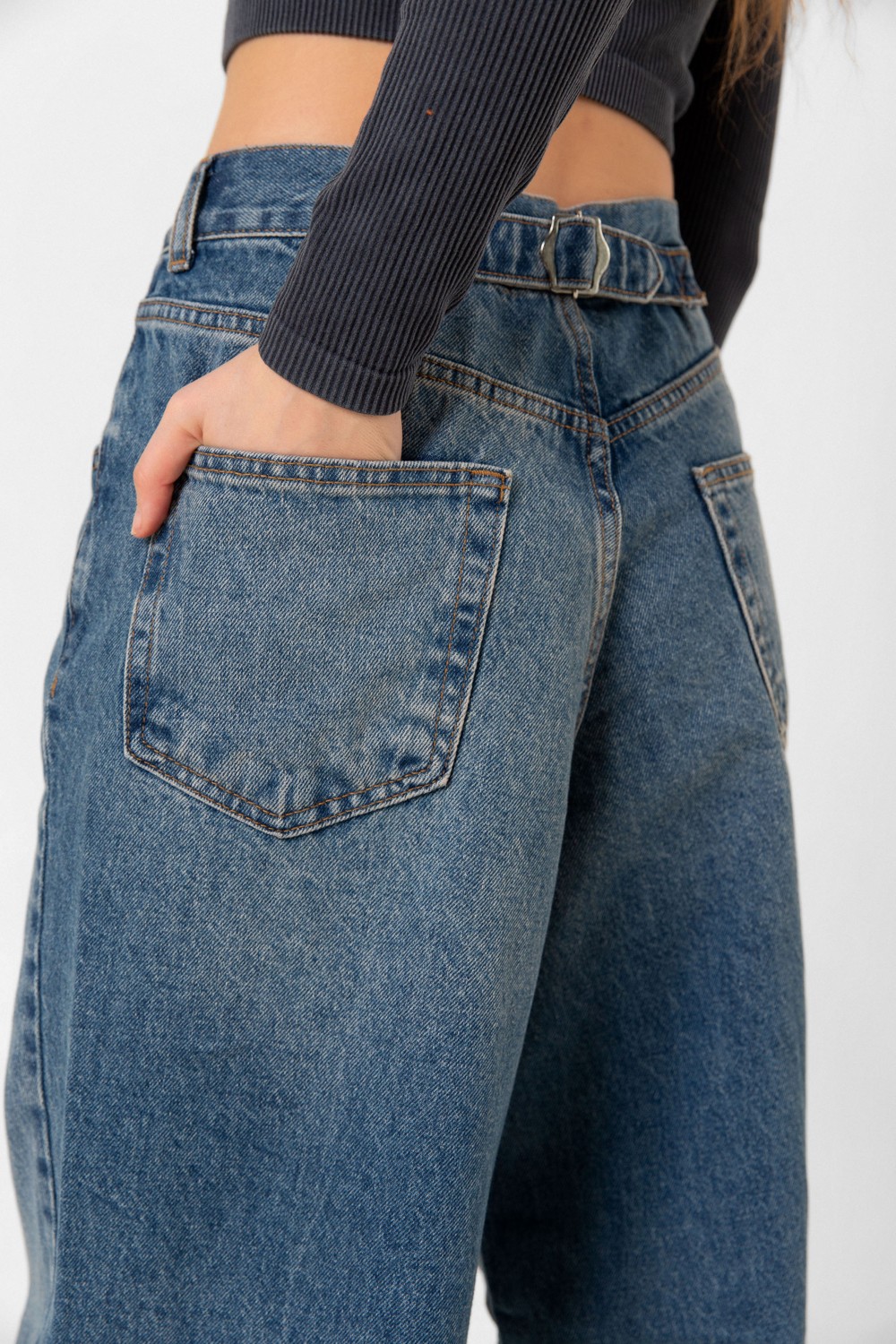 Domoda Toka Detaylı Bol Kesim Geniş Paça Rahat Baggy Jean Kot Salaş Kadın Pantolon @milano görsel 8
