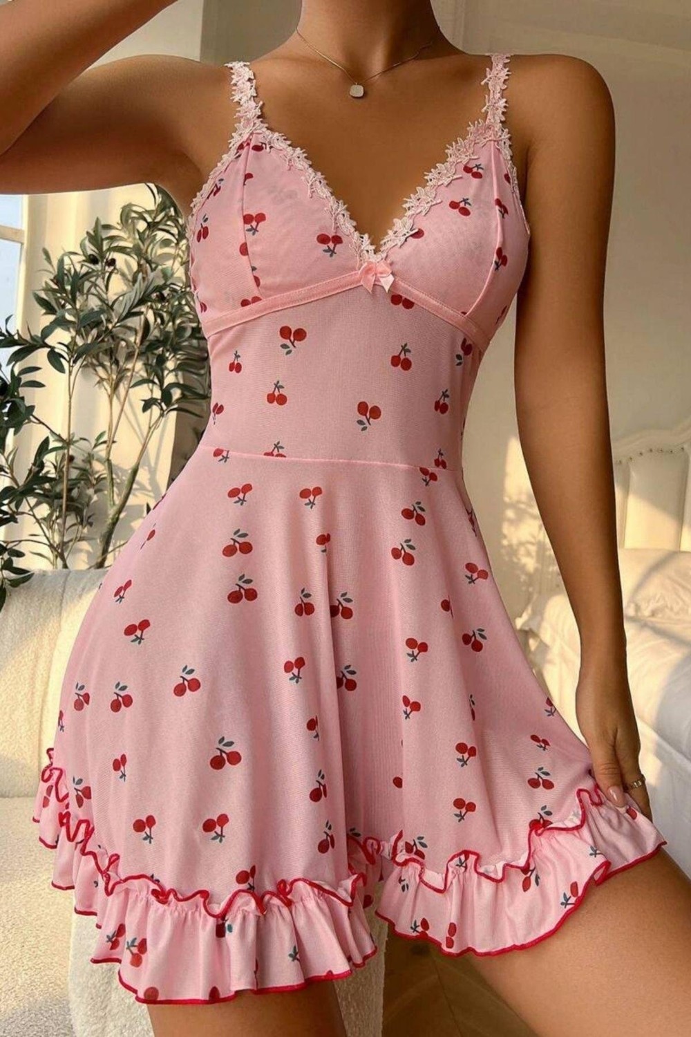 Bella Notte Romantik Pembe Kiraz Baskılı Askılı Tanga Ve Tül Gecelik görsel 3