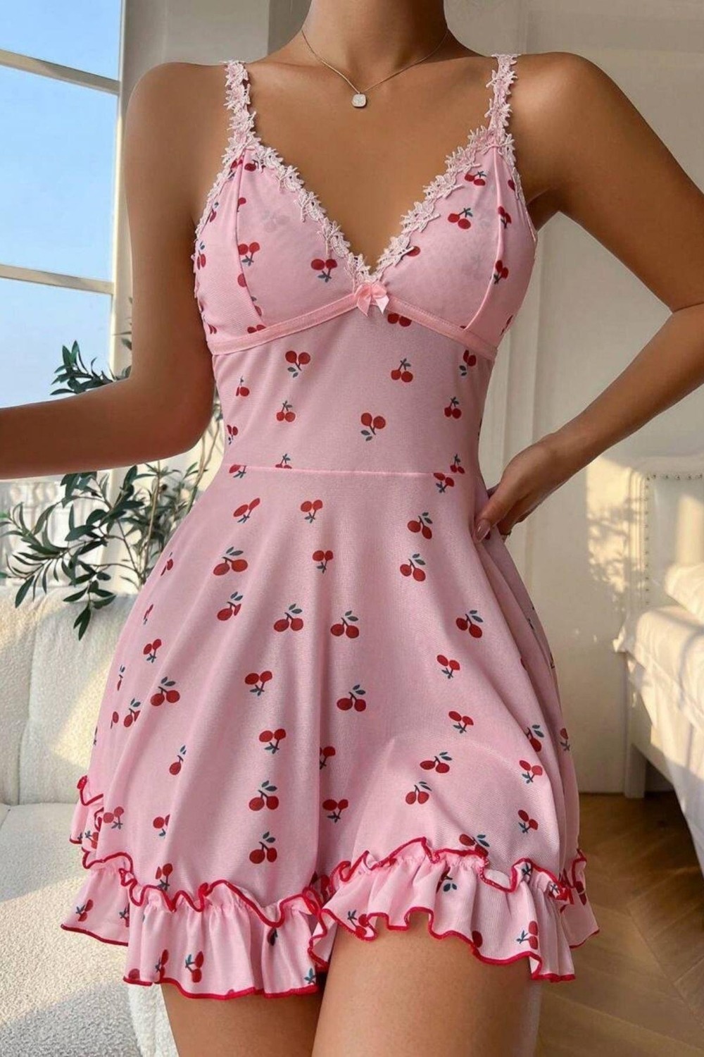 Bella Notte Romantik Pembe Kiraz Baskılı Askılı Tanga Ve Tül Gecelik görsel 4