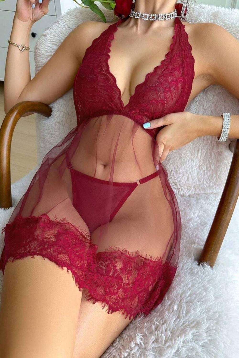 Bella Notte 2 Parça Boyundan Bağlamalı Bordo Transparan Fantezi Gecelik görsel 2