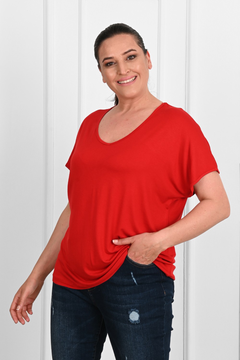 Koza Kadın V Yaka Büyük Beden T-Shirt 1486-23 görsel 3