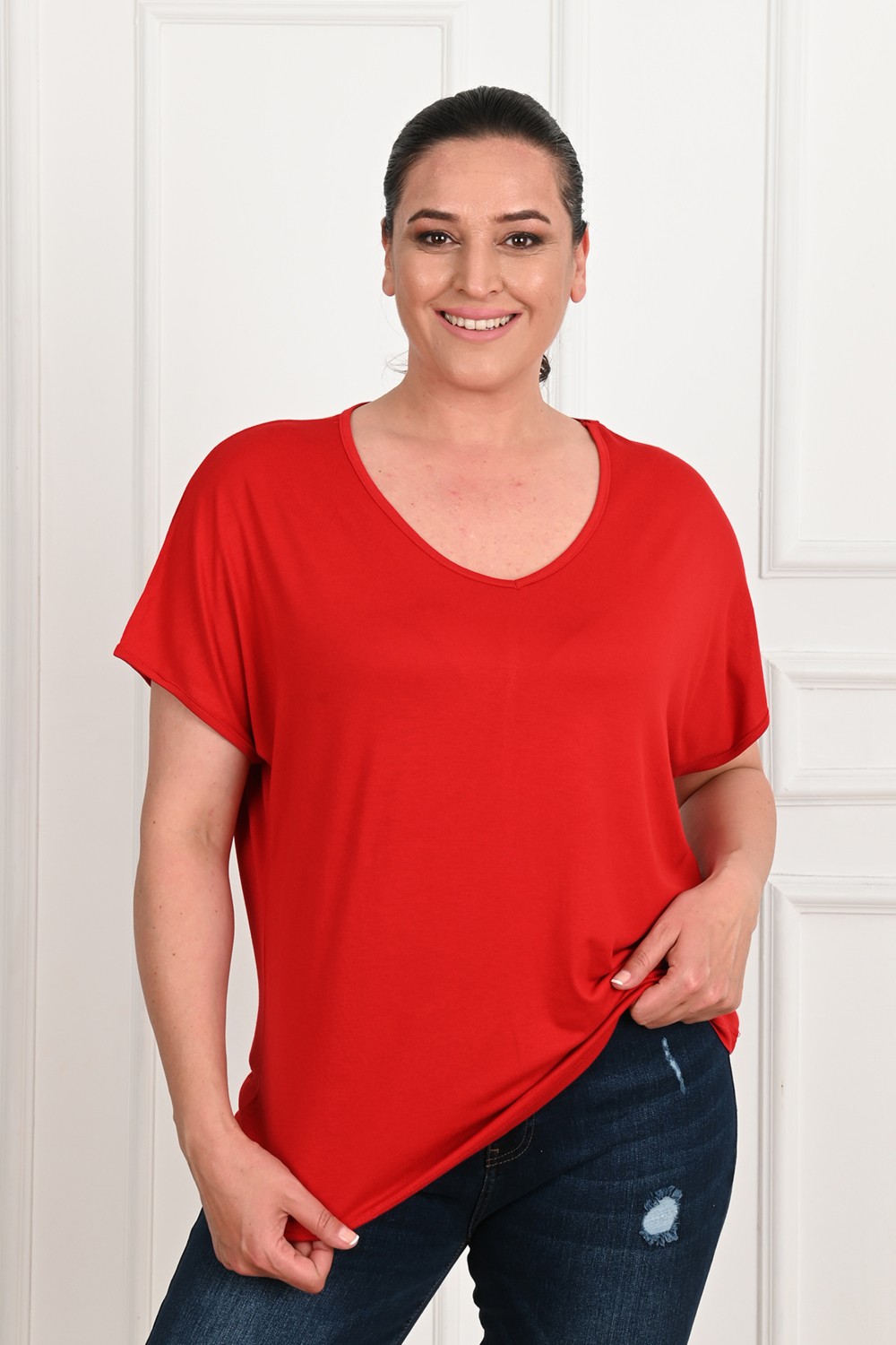 Koza Kadın V Yaka Büyük Beden T-Shirt 1486-23 görsel 4
