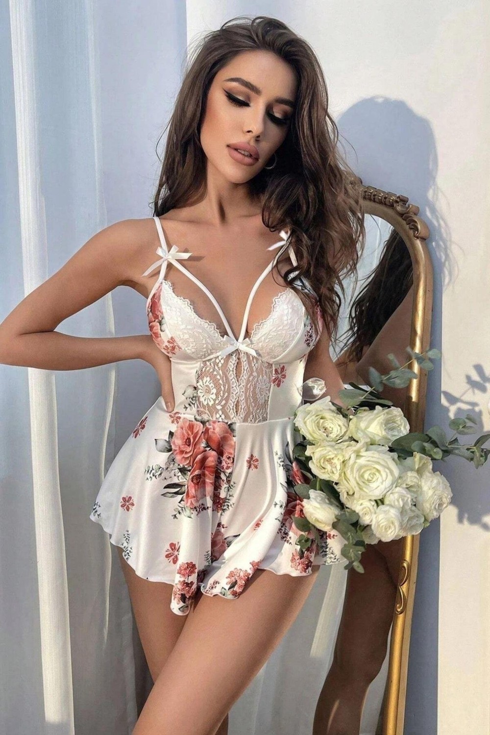 Bella Notte Romantik Beyaz Çiçek Desenli Tulum Gecelik görsel 3