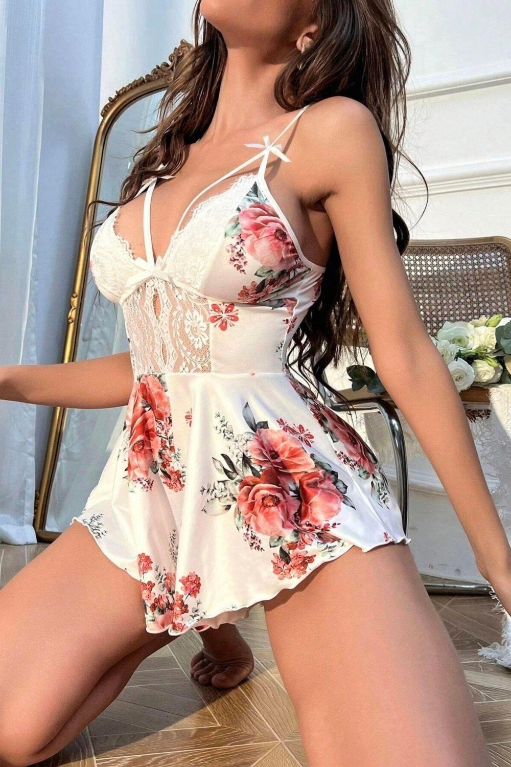 Bella Notte Romantik Beyaz Çiçek Desenli Tulum Gecelik görsel 4