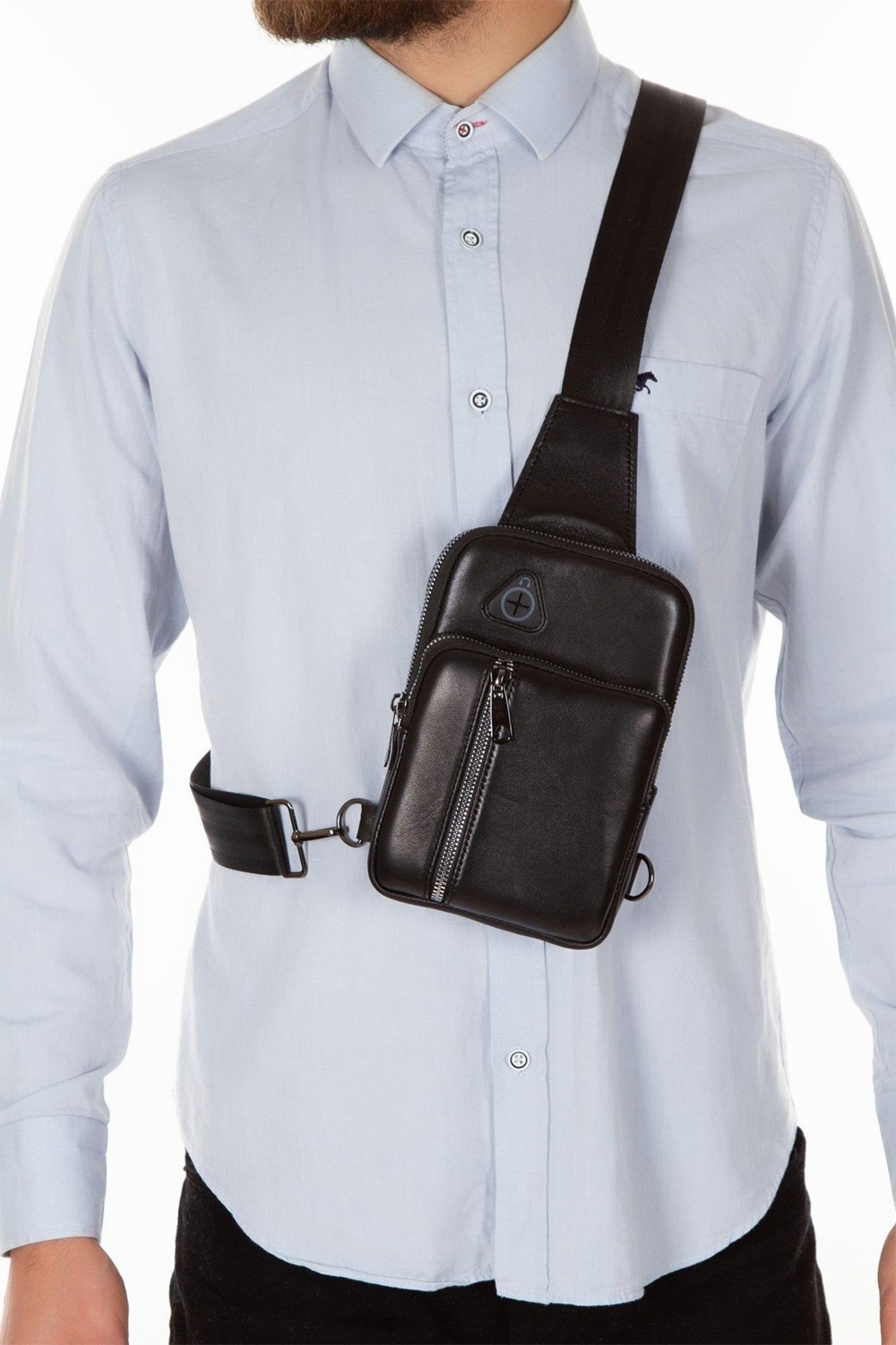 Newish Polo Erkek Siyah Deri Telefon Cüzdan Bölmeli USB Kulaklık Çıkışlı Çapraz Göğüs ve Omuz Çantası newpolo076