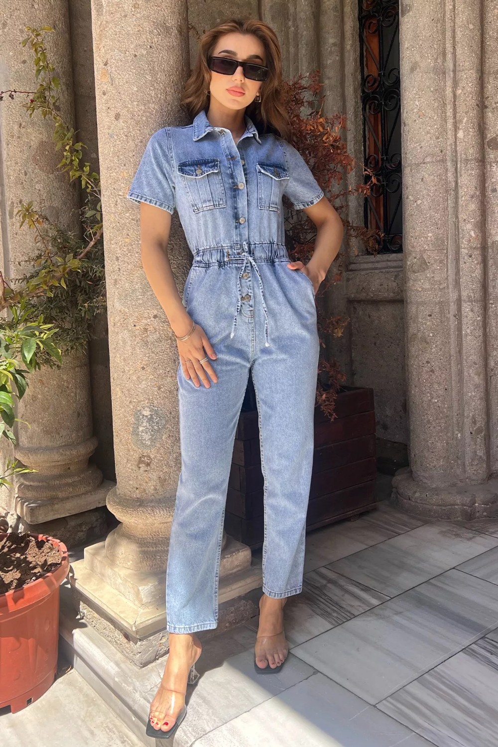 Gülseli Mavi Polo Yaka Çift Cepli Kadın Jean Kot Tulum Salopet P-00010792 görsel 2
