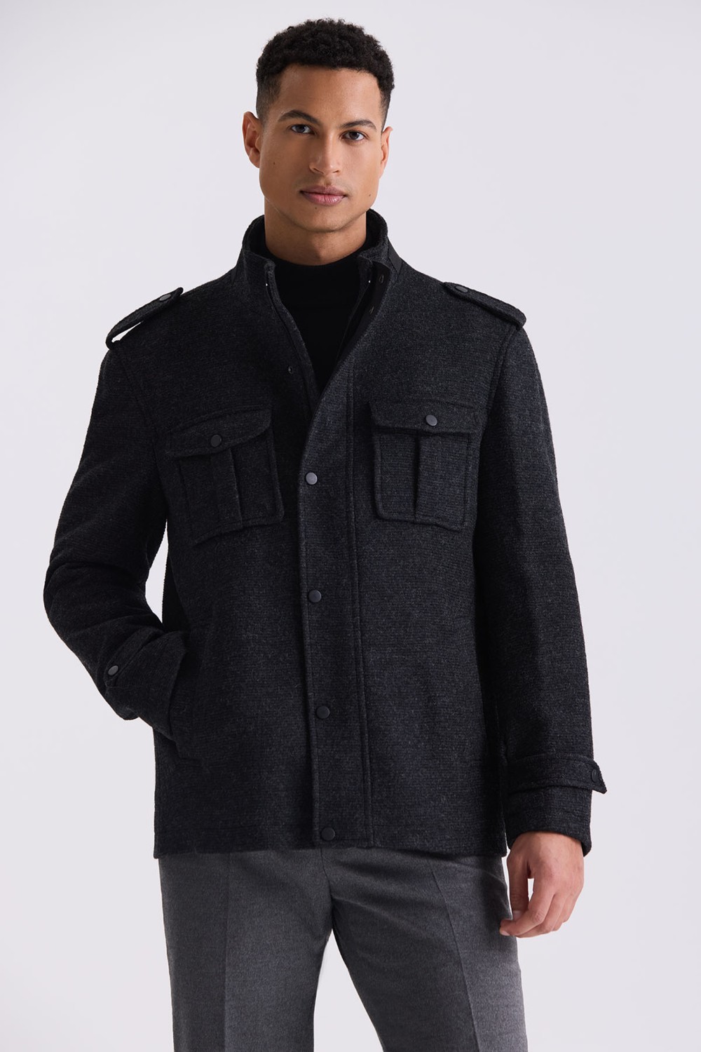 Jakamen Lacivert Slim Fit Hakim Yaka Apoletli Desenli Spor Kaşe Kaban görsel 6