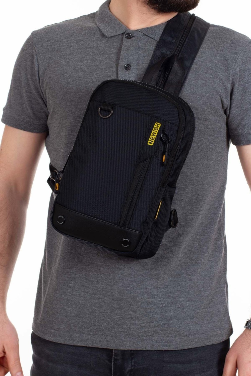 Newish Polo Erkek Kumaş Çapraz Göğüs ve Omuz Çantası newpolo158 - Siyah - Sarı