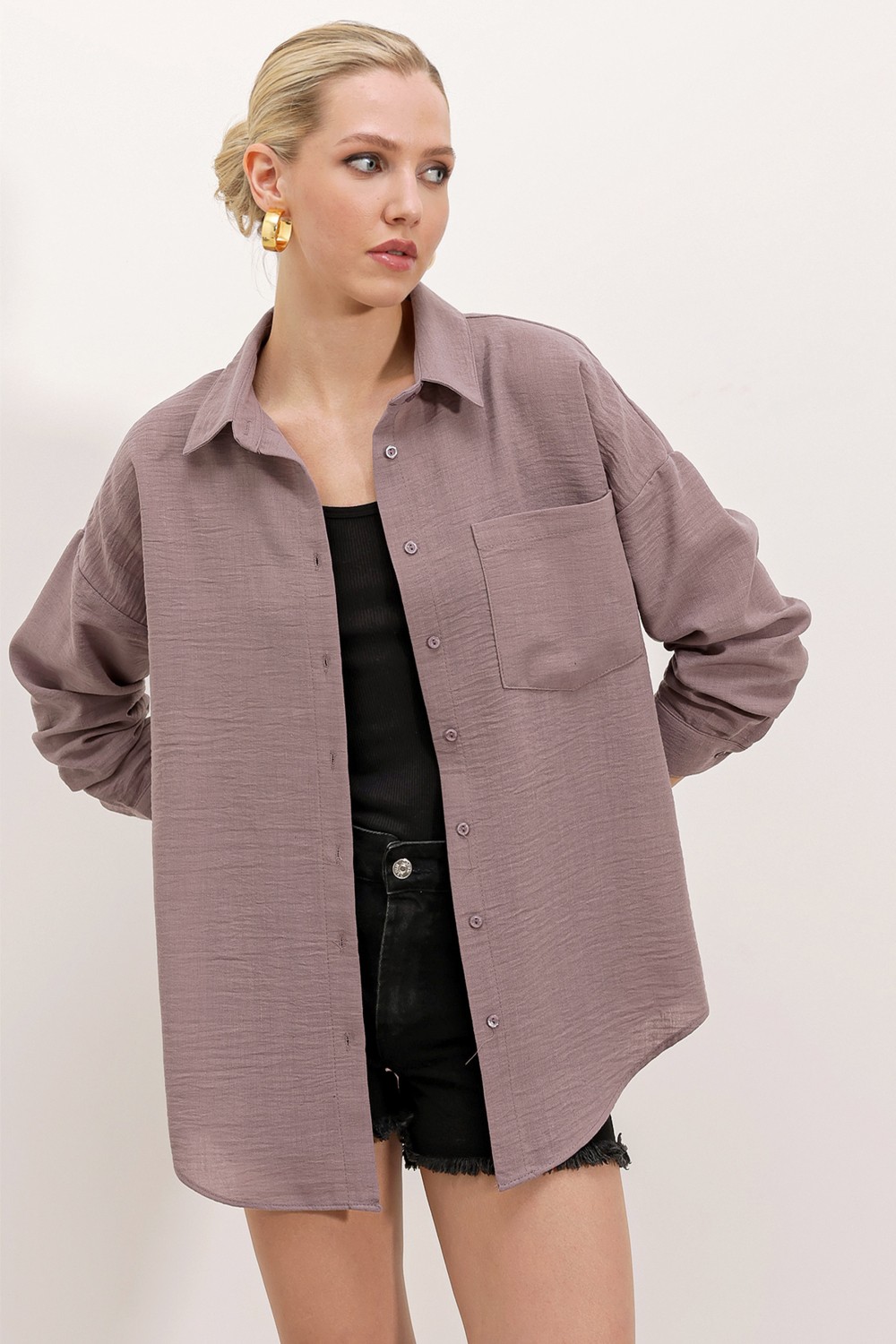 Bigdart 20153 Tek Cepli Oversize Keten Gömlek - Saks