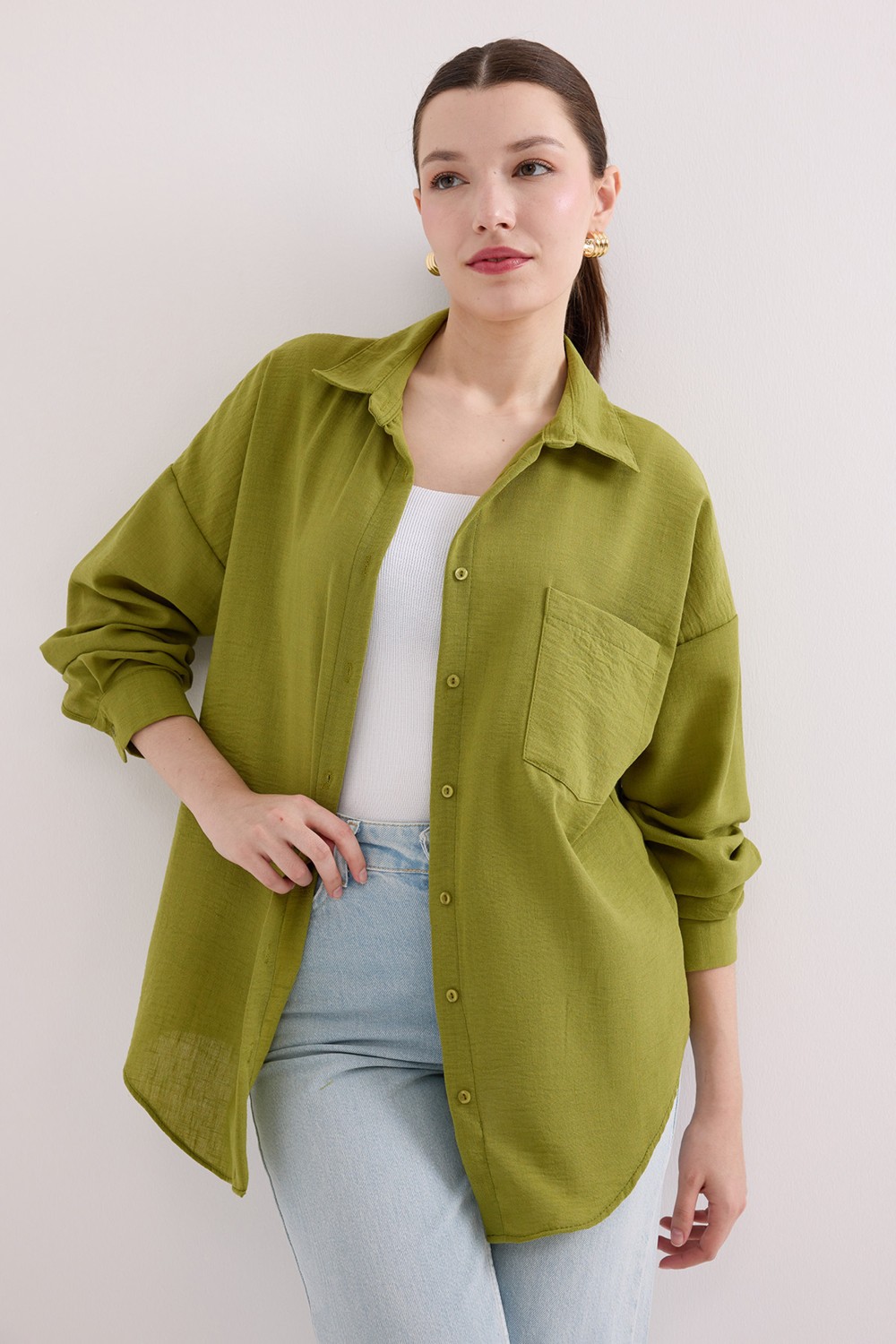 Bigdart 20153 Tek Cepli Oversize Keten Gömlek - Saks
