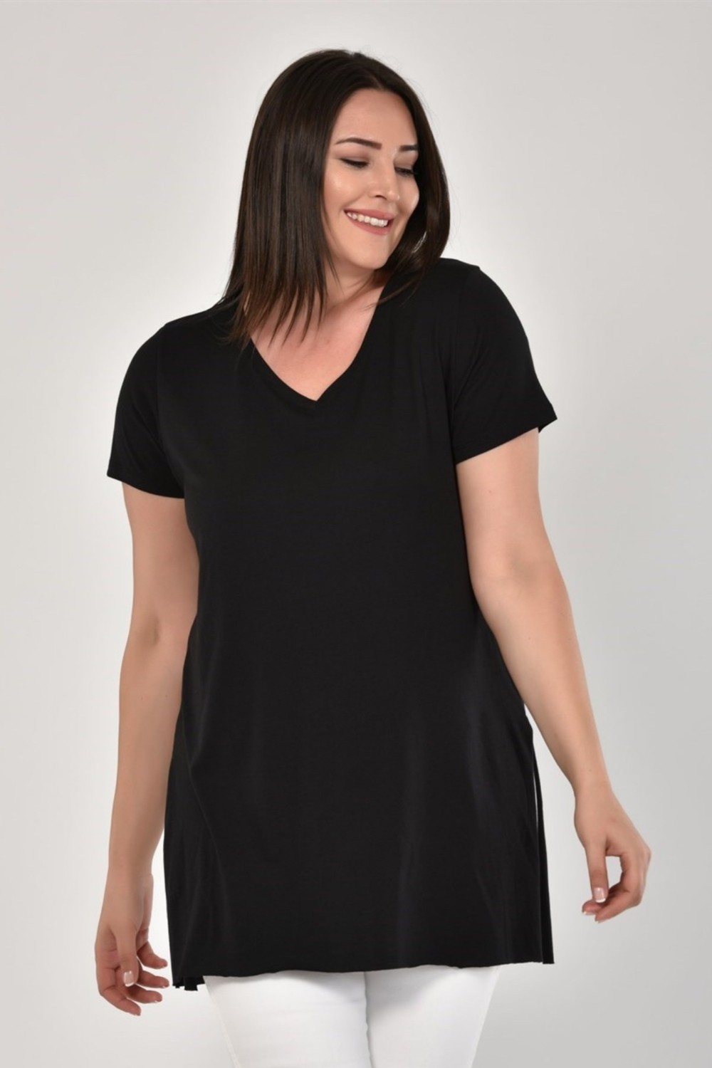Sea Moda Büyük Beden V Yaka Yırtmaçlı Pamuk Basic Tshirt-Bordo görsel 6