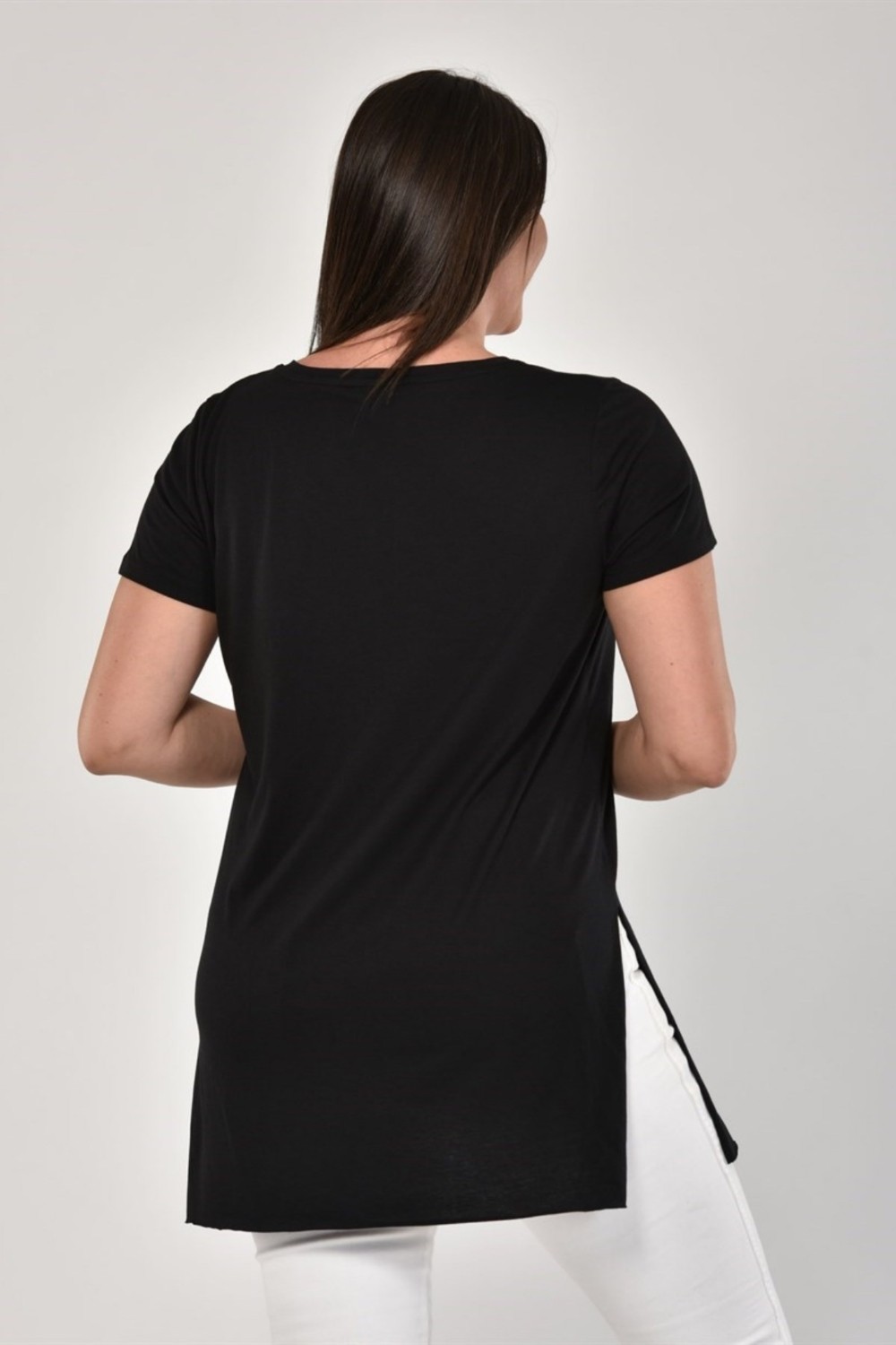 Sea Moda Büyük Beden V Yaka Yırtmaçlı Pamuk Basic Tshirt-Bordo görsel 8